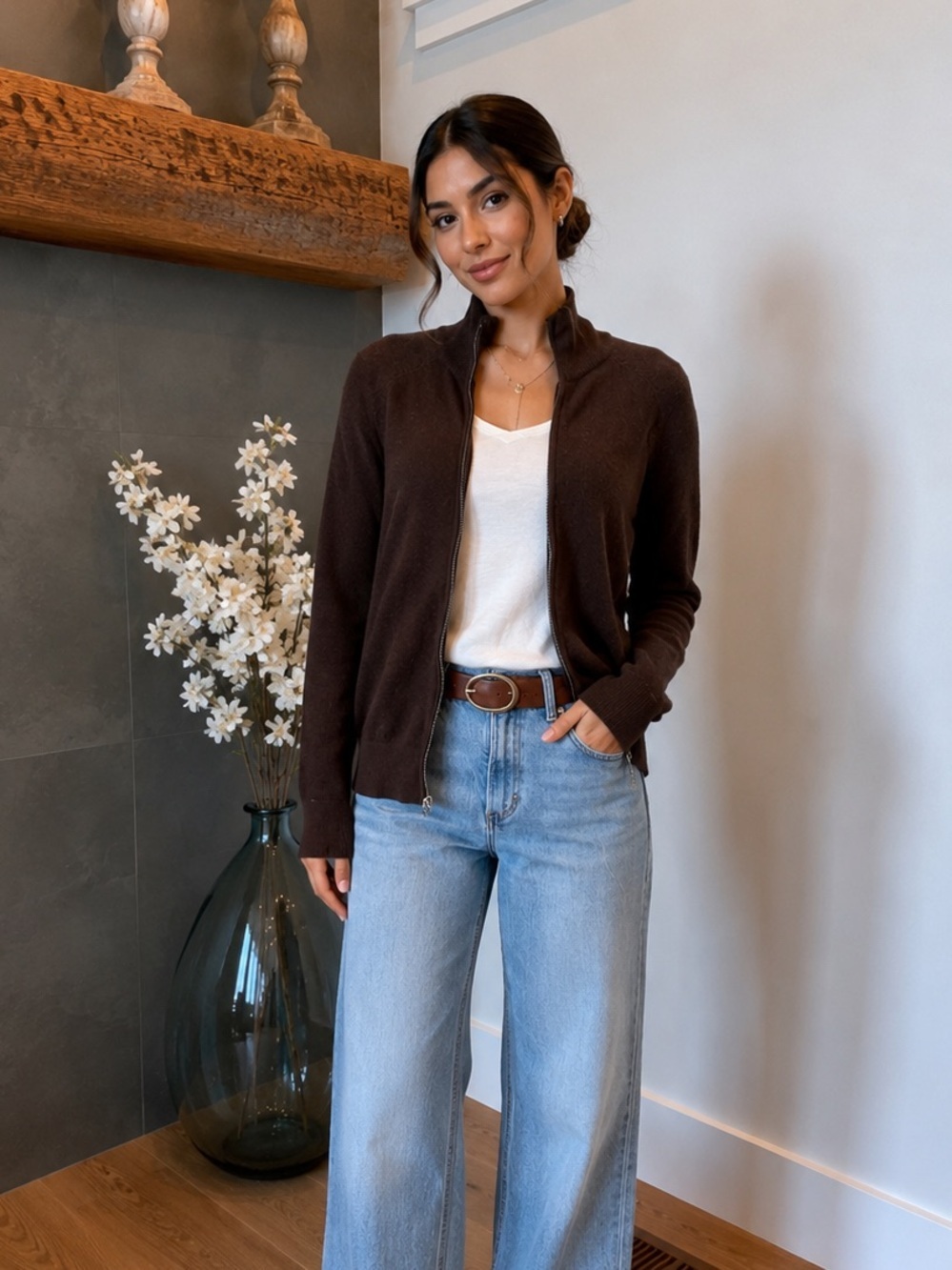 Brown Zip-Up Cardigan